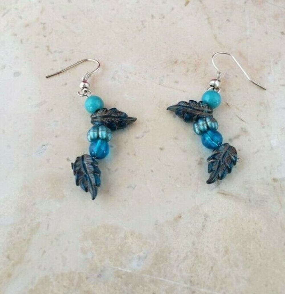 Handmade Blue Tone Leaf Dangle Earrings - New
